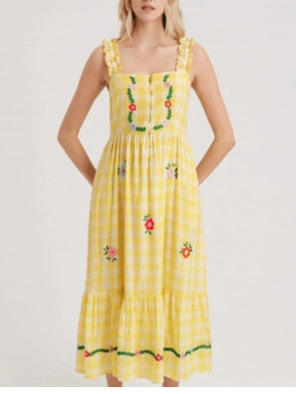 Pink City Prints Yellow Gingham Floral Embroidered Sundress In XS